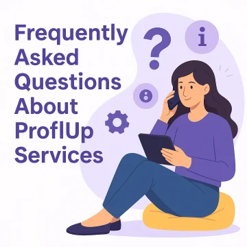 Illustration of a support agent surrounded by question icons representing ProflUp FAQ